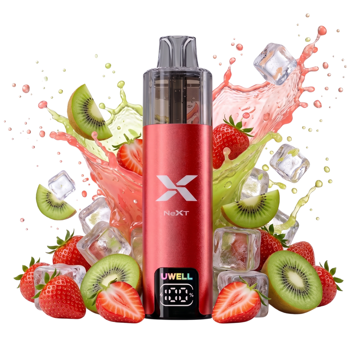 Vapeshop.ONE UWELL NEXT red rechargeable vape device with smart battery display surrounded by strawberries and kiwi