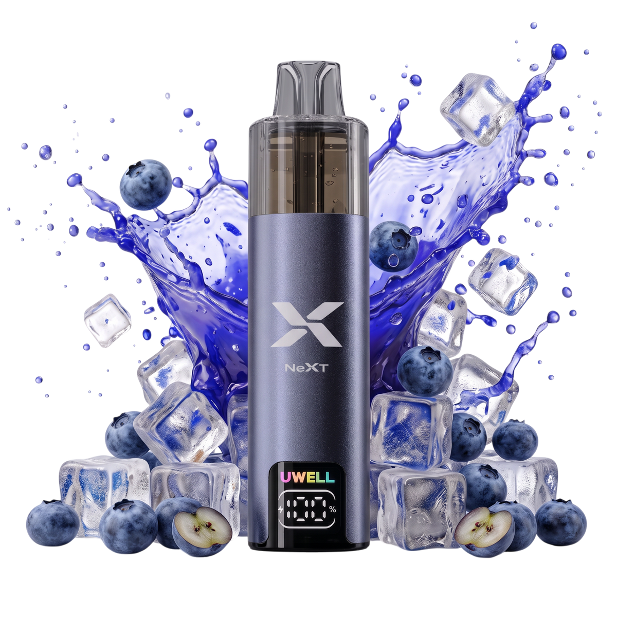 Vapeshop.ONE UWELL NEXT rechargeable vape device with smart battery display, surrounded by blueberries and ice cubes.