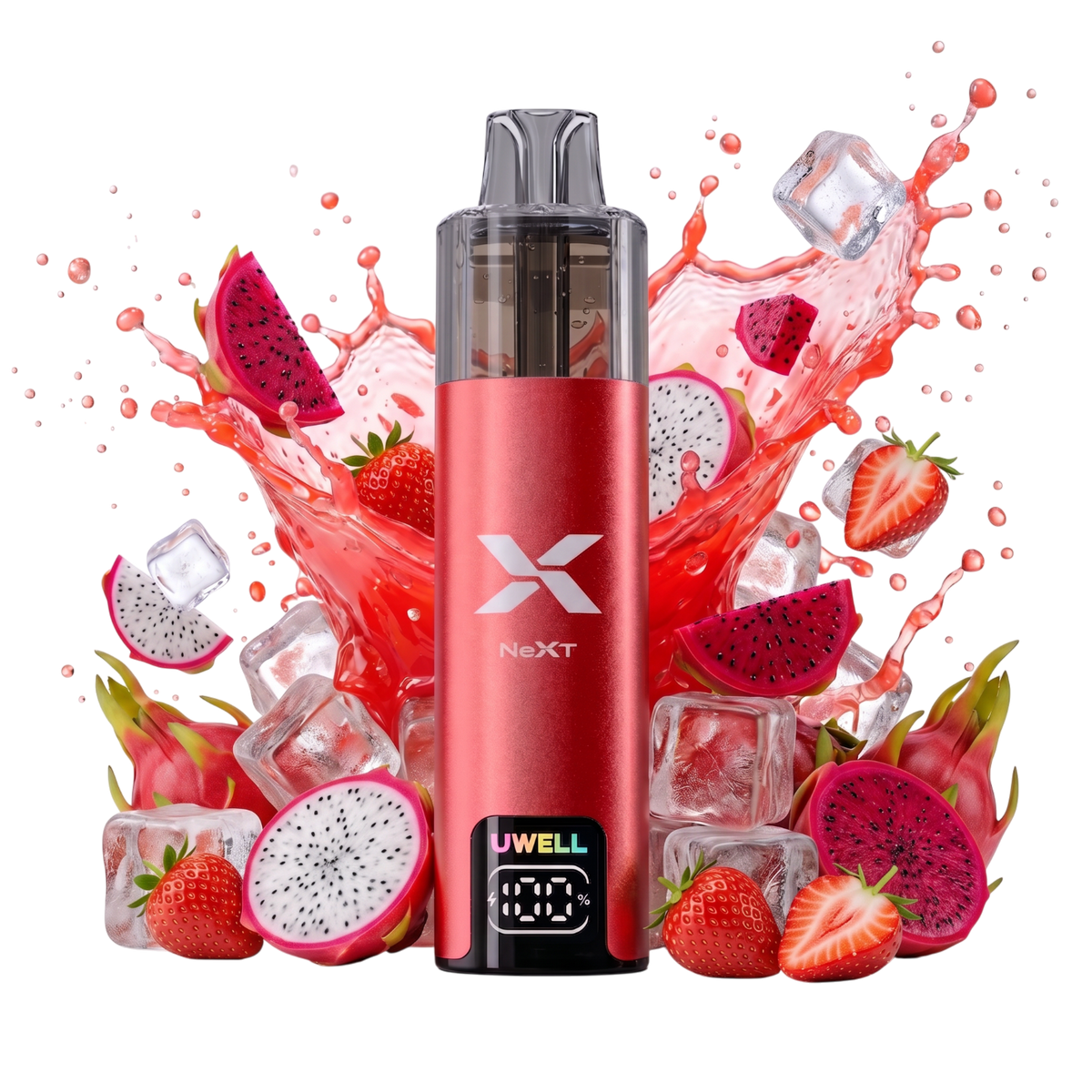 Vapeshop.ONE UWELL NEXT red rechargeable vape device with smart battery display, surrounded by dragon fruit and ice.
