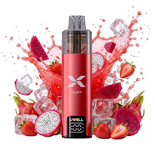 Vapeshop.ONE UWELL NEXT red rechargeable vape device with smart battery display, surrounded by dragon fruit and ice.
