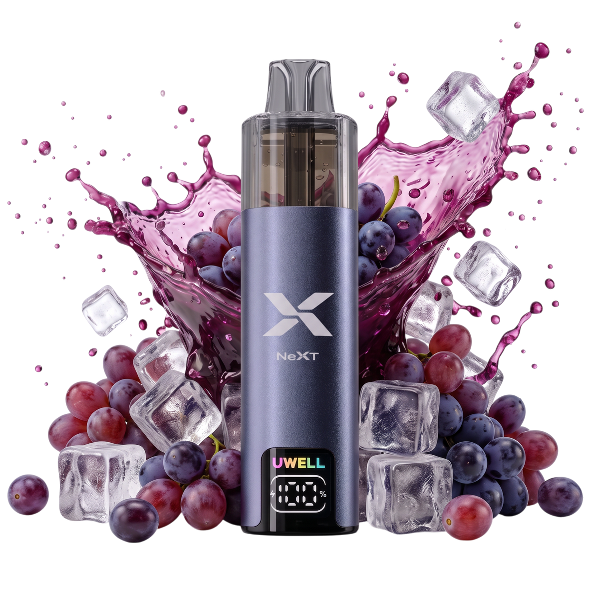 Vapeshop.ONE UWELL NEXT disposable vape with purple grape splash, ice cubes, and smart battery display screen.