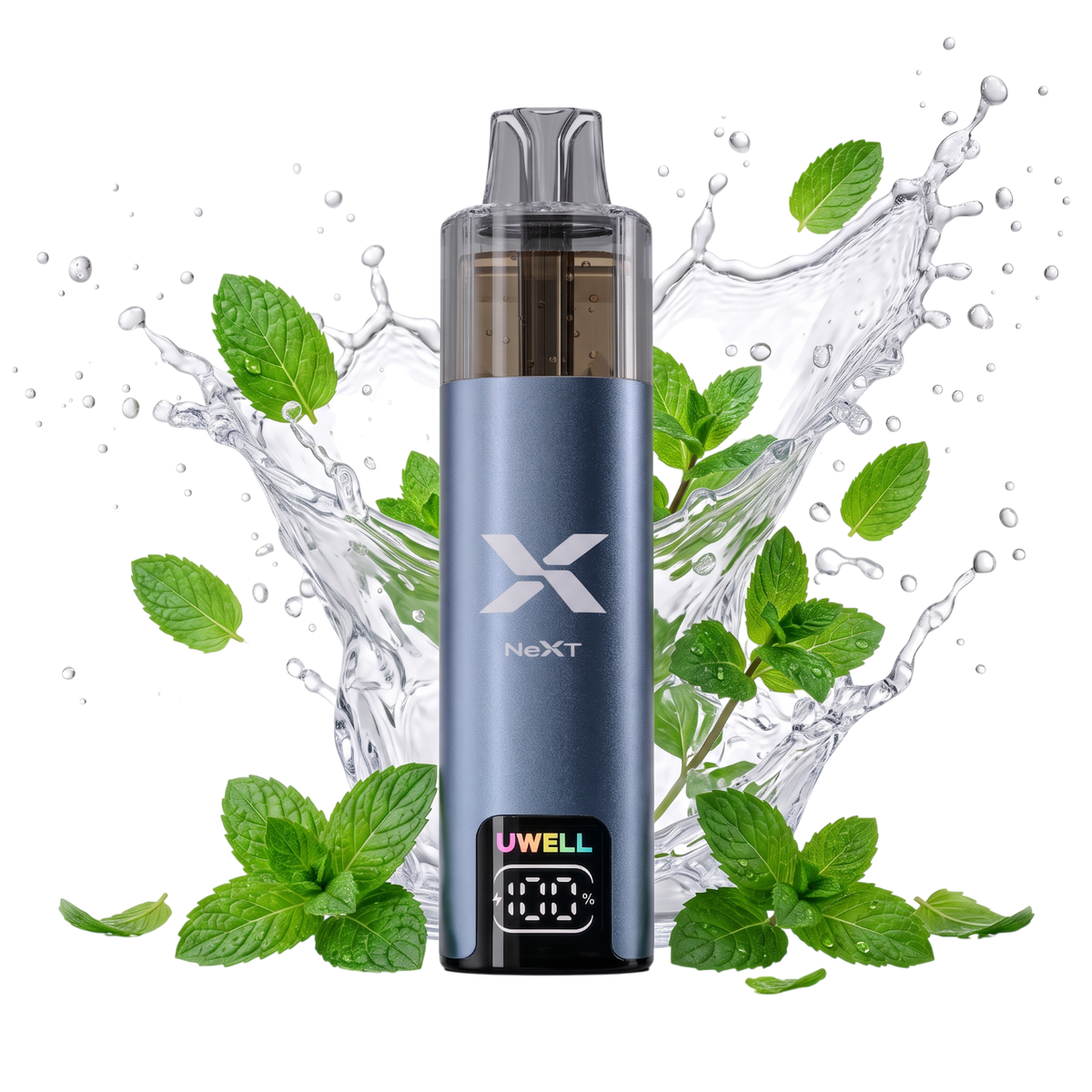 Vapeshop.ONE UWELL NEXT rechargeable vape device with smart battery display, surrounded by mint leaves and water splash