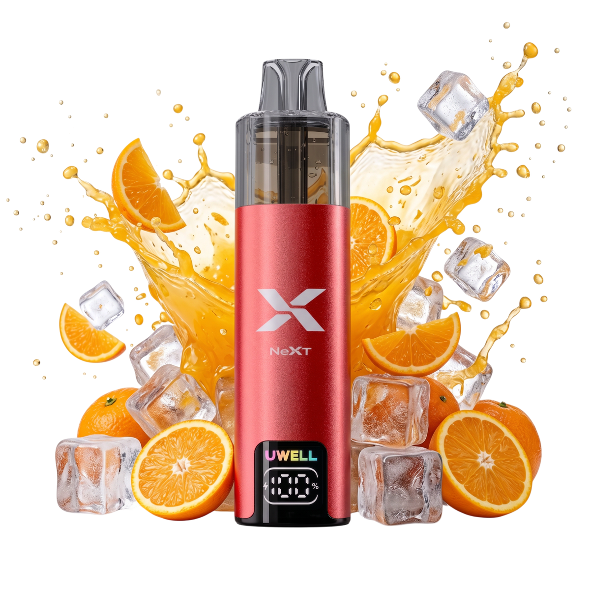 Vapeshop.ONE UWELL NEXT rechargeable vape device in red with smart battery display, surrounded by orange juice splash