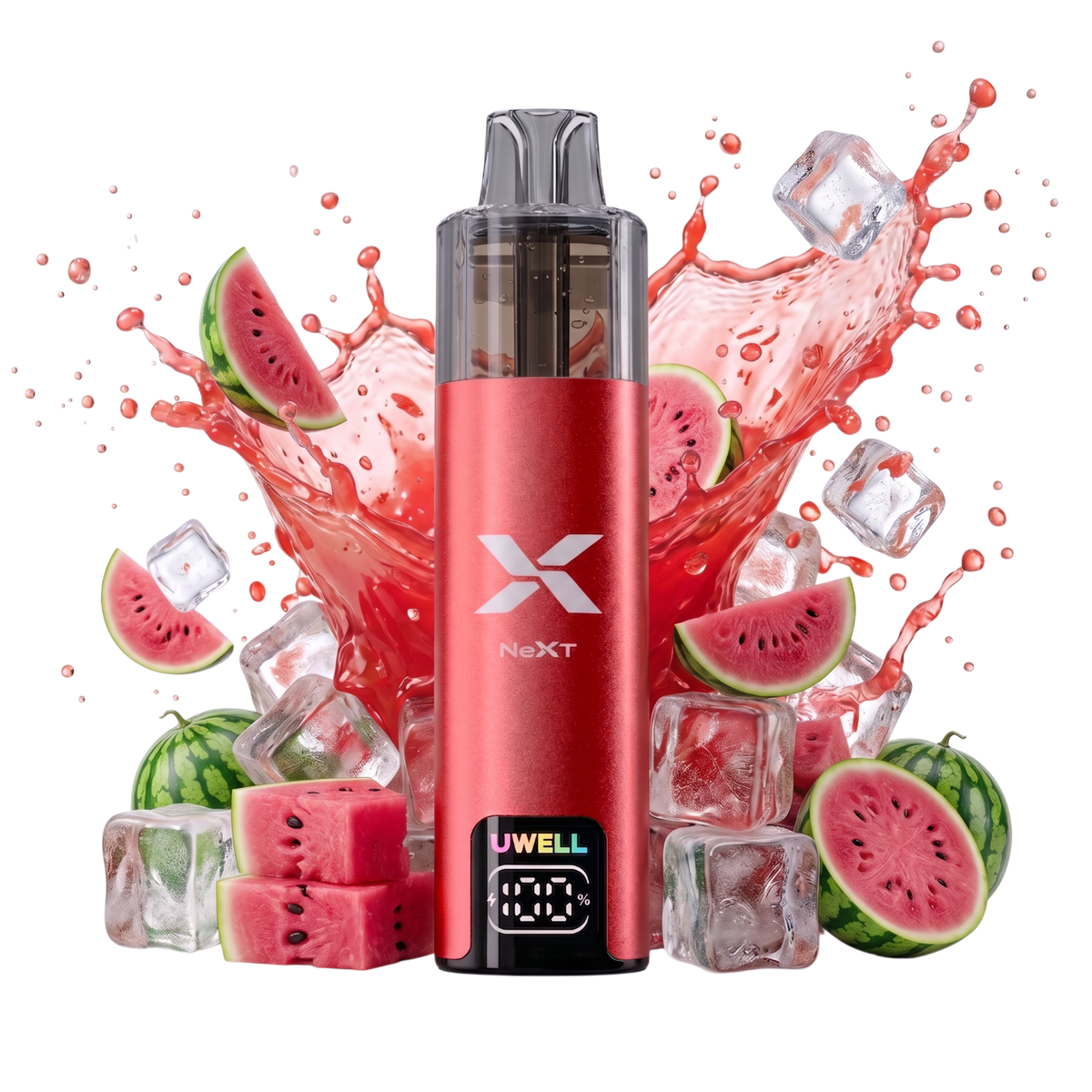 Vapeshop.ONE UWELL NEXT rechargeable vape device in red with smart battery display, surrounded by watermelon and ice