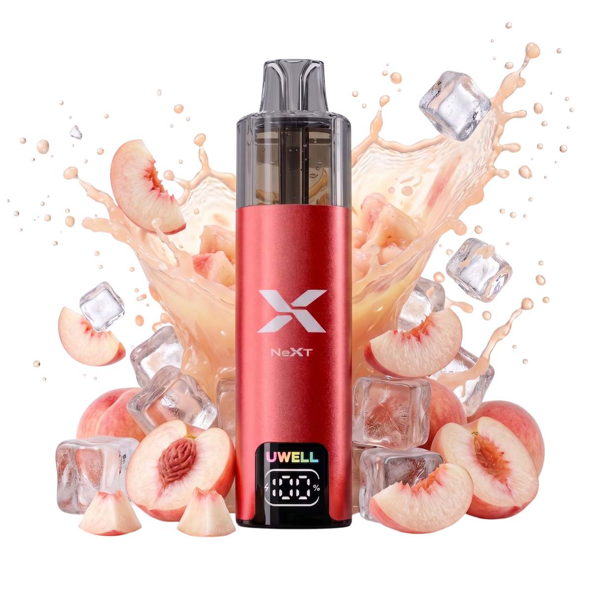 Vapeshop.ONE UWELL NEXT red rechargeable vape device with smart battery display surrounded by fresh peach slices and ice